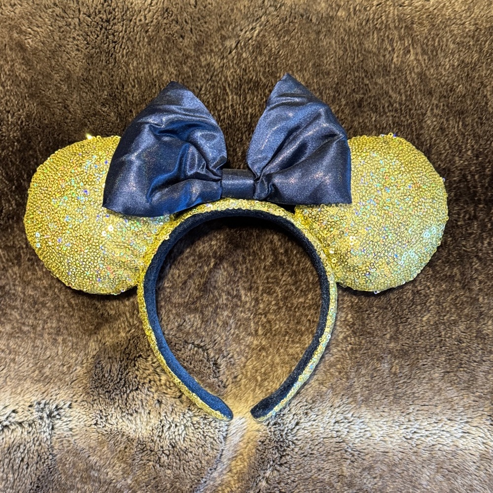 Gold Sequin Mouse Ears Headband with Black Bow